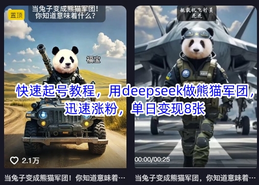 快速起号教程，用deepseek做熊猫军团，迅速涨粉，单日变现8张-九一好资源