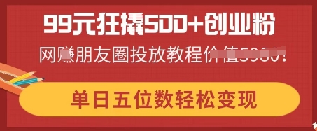 99元狂撬500+创业粉,单日五位数轻松变现,网创朋友圈投放教程-九一好资源