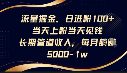 流量掘金,日进粉100+,当天上粉当天见钱,长期管道收入,每月躺挣5k-九一好资源